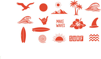 Minimal beach and surf icon vector set with tropical elements like palm trees, waves, surfboards, and sun. Perfect for summer designs, t-shirts, posters, and coastal branding 