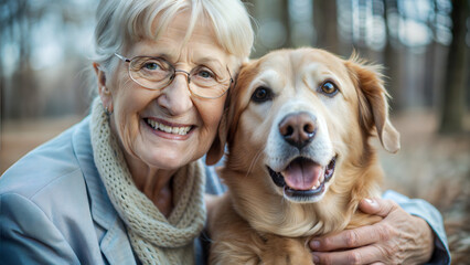 Happy elderly woman embracing her golden retriever dog in a serene park setting