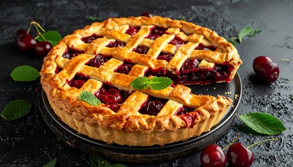 Delicious homemade cherry pie with lattice crust and fresh cherries.