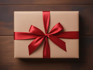 Elegant Brown Gift Box Wrapped with Luxurious Red Satin Ribbon Bow