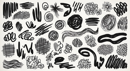 Assorted hand drawn black ink doodle elements on white background with various shapes and textures