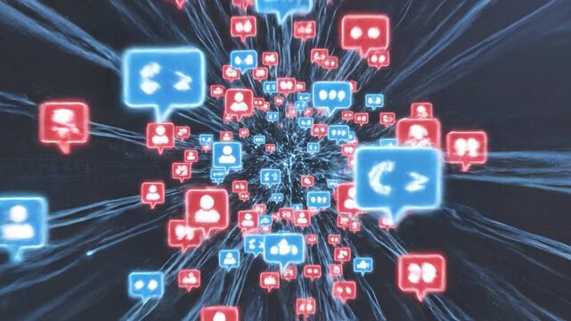 Social media icons red and blue colors float digital space showcasing online communication, interaction, network connectivity, and digital communication icons symbolizing modern online interaction - Powered by Adobe