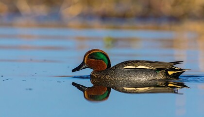 Obraz premium A vibrant bird with iridescent plumage, gracefully gliding on tranquil, reflective water. Its colorful head contrasts the gray body