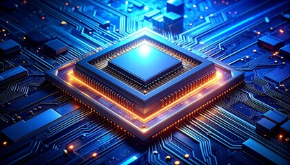 A vibrant, close-up shot of a central processing unit on a circuit board, glowing with blue and orange light. The intricate details are emphasized