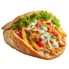 Stuffed pita bread with chicken, fries, veggies, and sauce