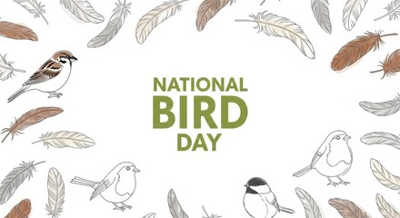 National bird day celebration with various bird illustrations and feathers on a white background