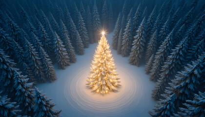 Glowing Christmas tree in a snowy forest winter landscape with snow-covered trees holiday season background