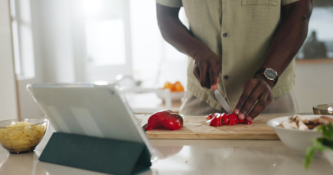 Hands, tablet or person meal prep with vegetables in home for healthy lunch, online recipe or cooking. Tech, chef and cut ingredients in kitchen for salad tutorial, website steps and culinary skills