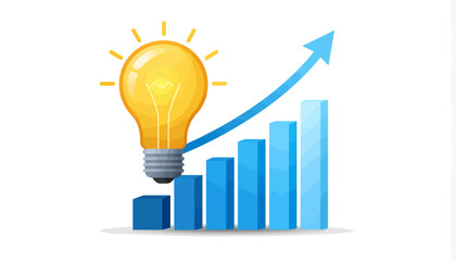 Conceptual Illustration of a Brilliant Idea Sparking Business Growth, Innovation, and Progress, Represented by a Glowing Light Bulb on an Ascending Bar Graph