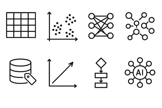 AI Learning Icons. Unsupervised Learning linear icon set: data matrix, scatter plot clusters, neural grouping, pattern mapping, algorithm flowchart, unlabeled data icon, feature