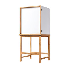 Minimalist cabinet wood frame, blank white doors, boxy design