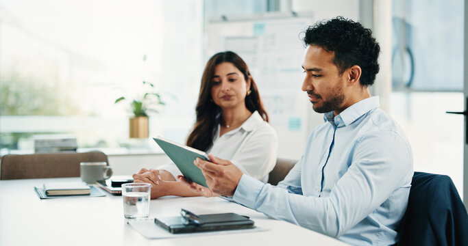 Meeting, discussion and tablet with business people in office for research, project schedule and team. Proposal feedback, collaboration and online progress report with employees in agency for advice - Powered by Adobe
