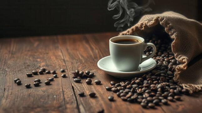 Tazza di caff&egrave; fumante con chicchi sparsi su tavolo di legno. Generative AI