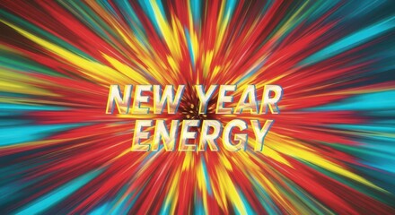 Explosion of colorful light streaks radiating outwards with the text new year energy in the center