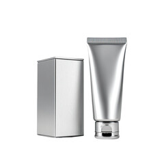 Silver cosmetic tube and box, mockup on black