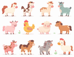 Obraz premium Cute Farm Animals Illustration Adorable Set of Livestock Cartoon Characters