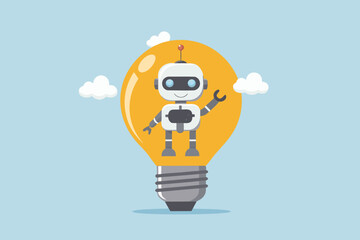 Cute cartoon robot standing inside a glowing light bulb with small clouds in the background