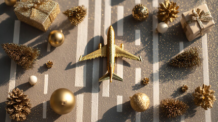 Golden Airplane and Christmas Decorations on Runway