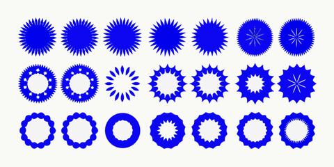 Collection of various blue starburst and circular shapes on a white background