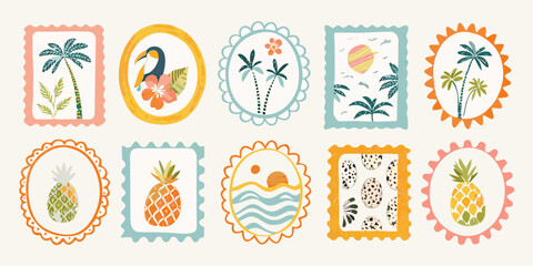 Collection of playful tropical themed postage stamps with palm trees toucans pineapples and sunsets