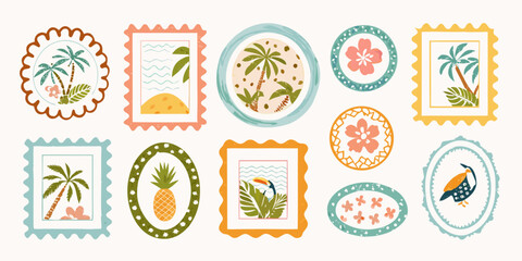 Collection of charming tropical themed postage stamps featuring palm trees pineapples toucans and flowers