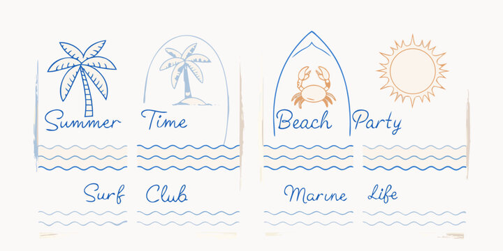 Whimsical hand drawn summer beach icons and text for vacation and coastal themes - Powered by Adobe