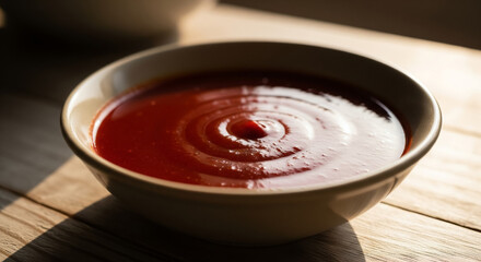 Chogochujang Sauce Bowl on Wooden Table in Warm Light