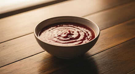 Bowl of Chogochujang on Wooden Surface with Soft Lighting