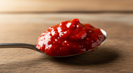 Spoonful of Thick Korean Chogochujang Sauce on Wooden Table