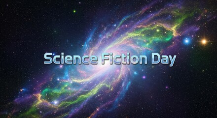A vibrant and colorful nebula in deep space, with the text science fiction day superimposed, representing the wonders of the universe and imaginative storytelling