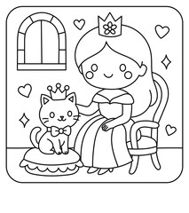 Cute princess sitting with royal cat in castle room coloring page
