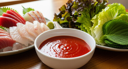 Korean Sashimi Platter with Chogochujang Sauce and Vegetables