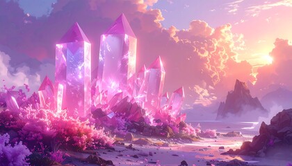 A vibrant, fantastical landscape features large, luminous pink crystals emerging from a rocky shore under a sunset