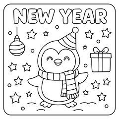 Cute penguin with gift and stars celebrating New Year coloring page