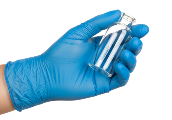 A gloved hand holding a medical vial isolated on a transparent background.
