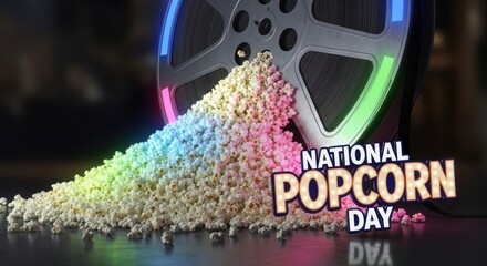 National popcorn day celebration with a film reel spilling popcorn, illuminated by colorful neon lights, cinematic movie snack theme