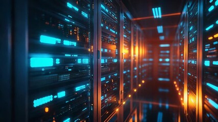 Data center server racks processing digital information - Powered by Adobe