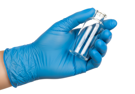 A gloved hand holding a medical vial isolated on a transparent background.
