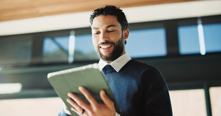 Man, realtor and smile with tablet, property management and service review in office. Low angle,...