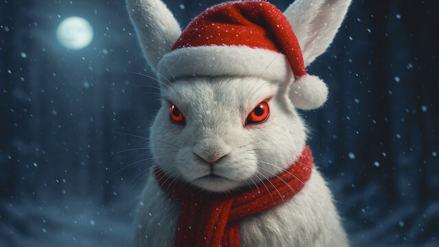 A close-up portrait of a white rabbit with glowing red eyes wearing a Santa hat and red scarf, standing in a snowy forest under a full moon — a mix of Christmas charm and mystery.
- Powered by Adobe
