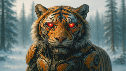 A robotic tiger with metallic armor and illuminated eyes in a winter landscape, symbolizing the fusion of technology and wildlife.