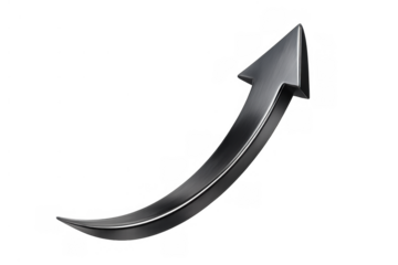 Metallic arrow curving upwards indicating growth, success, and positive trend on transparent background