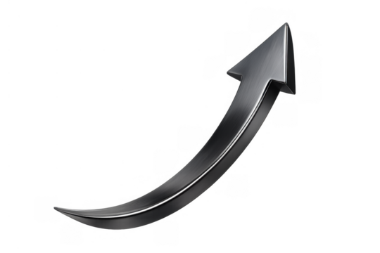 Metallic arrow curving upwards indicating growth, success, and positive trend on transparent background