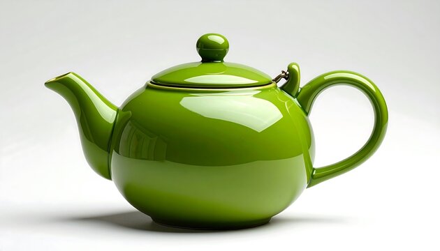 A vibrant, glossy green teapot rests against a clean, white backdrop, showcasing its curved spout, handle, and a matching knob