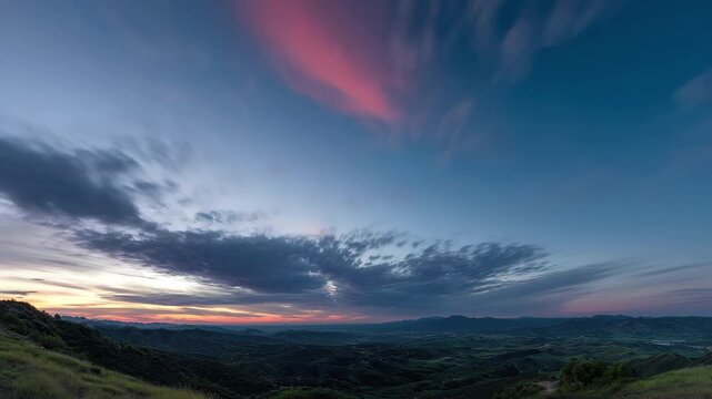 Dramatic sunset clouds paint the sky over rolling hills and distant city lights, a breathtaking natural spectacle., 4K