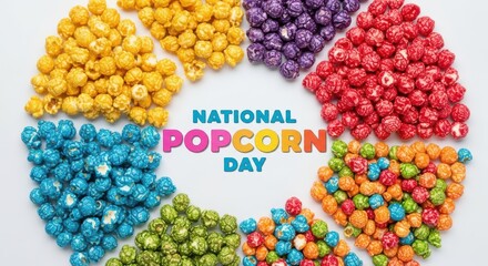 Colorful popcorn arranged in a circle with text national popcorn day in the center