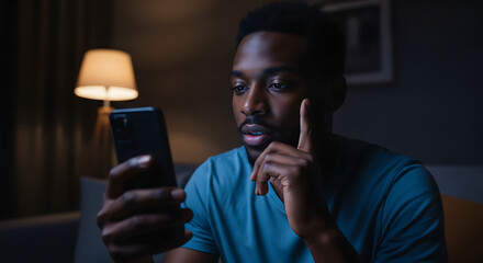 Engaged young Black man captivated by his smartphone screen in a dimly lit home, reacting with focus and curiosity to the digital world