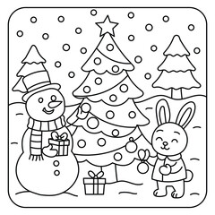 Cute snowman and bunny decorating Christmas tree coloring page