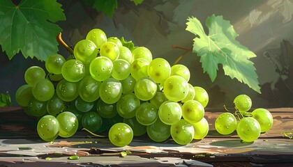 A vibrant illustration depicts a lush cluster of green grapes resting on a weathered wooden surface, bathed in sunlight