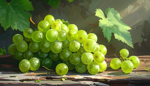 A vibrant illustration depicts a lush cluster of green grapes resting on a weathered wooden surface, bathed in sunlight